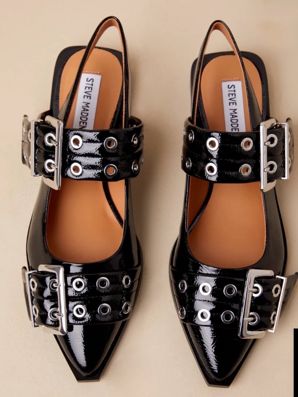 Steve Madden Black Patent Pointed Buckle Slingback Flats